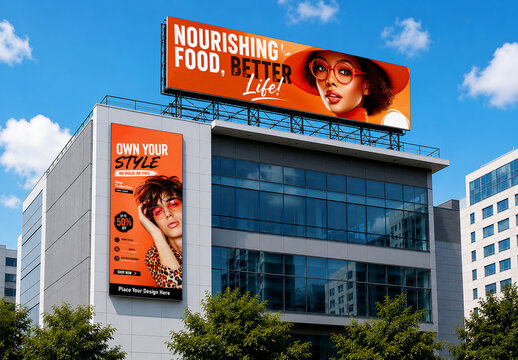 Modern City Building Billboard and Vertical Wall Banner Mockup for Brand Promotion