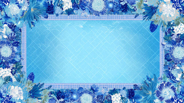 青い花に囲まれたスイミングプールのトップビュー