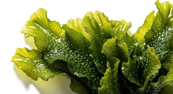 Fresh Green Seaweed Kelp with Bubbly Texture Isolated on White Background for Healthy Food and Marine Concepts