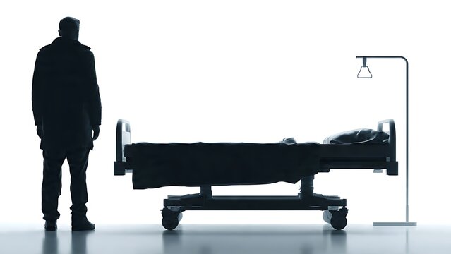 Man standing beside hospital bed silhouette.