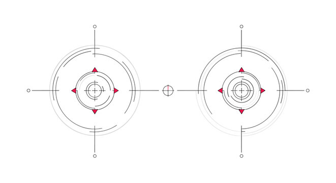 High tech technical diagram of two target scopes or radar screens with crosshairs and red arrows indicating directions.