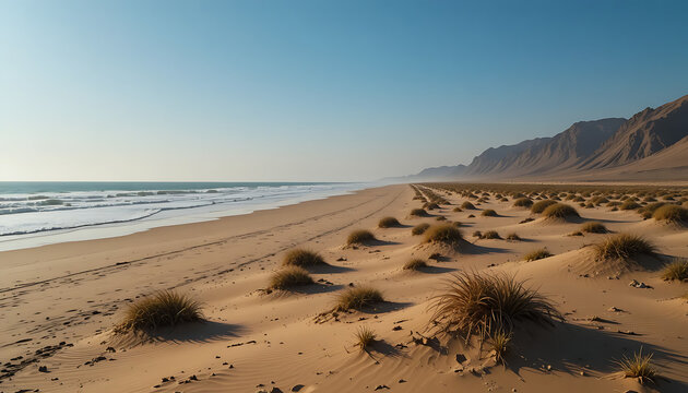 A serene beach scene with sand dunes and grassy tufts under a clear blue sky with mountains in the distance by the ocean shore