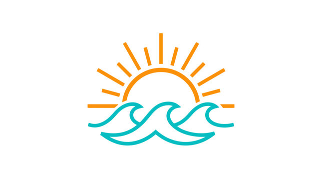 Vector logo of a vibrant sunrise over stylized ocean waves, perfect for travel and lifestyle brands
