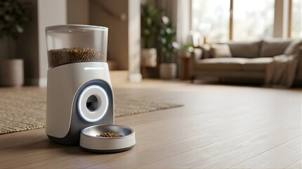Obraz na płótnie Canvas Automatic smart food dispenser for pets placed on a wooden floor at home