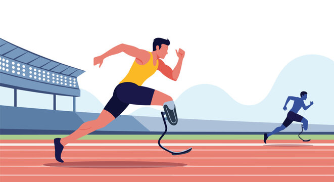 Inspirational illustration of two disabled male athletes with prosthetic running blades competing on a stadium track field.