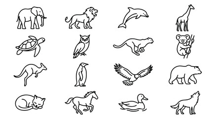 Minimalist animal line icons set, 16 wild animal vector silhouettes, black outline wildlife symbols for nature branding and educational infographics © Sidra