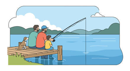 Peaceful scene of a grandfather, father, and son fishing together with their dog on a wooden pier at a scenic lake.