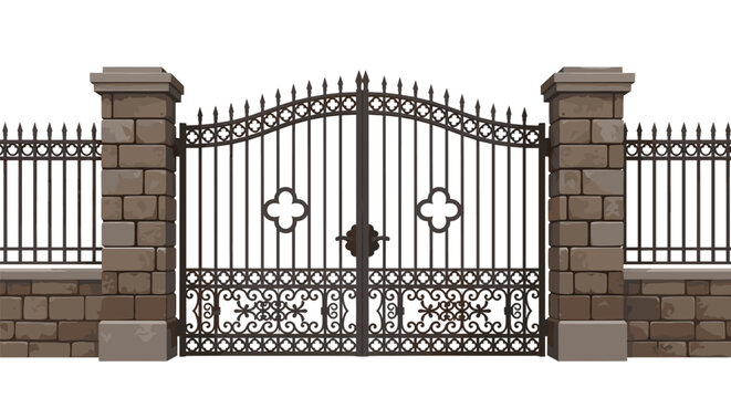 Elegant traditional black wrought iron entrance gates with decorative patterns set between two sturdy stone pillars.