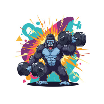 Powerful Gorilla Weightlifting Gym Mascot Fitness Bodybuilder Comic Style Vector Art