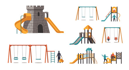 Assorted collection of colorful playground equipment including slides, swings, and a castle tower for children to play. © Juell