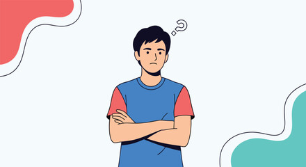 Pensive young man in a blue and red t-shirt stands with crossed arms and a question mark thinking about a problem. © Juell