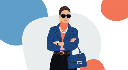 Stylish woman wearing a blue blazer and sunglasses stands with her arms crossed while holding a classic handbag. © Juell