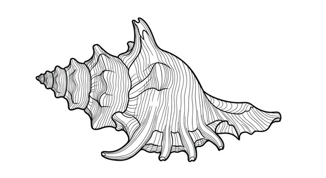 Intricate black and white engraving style illustration of a spiral conch shell showcasing natural textures and spikes.