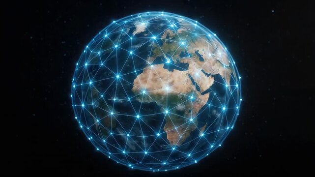 Glowing Earth globe suspended in space with surrounding blue network of interconnected lines and nodes