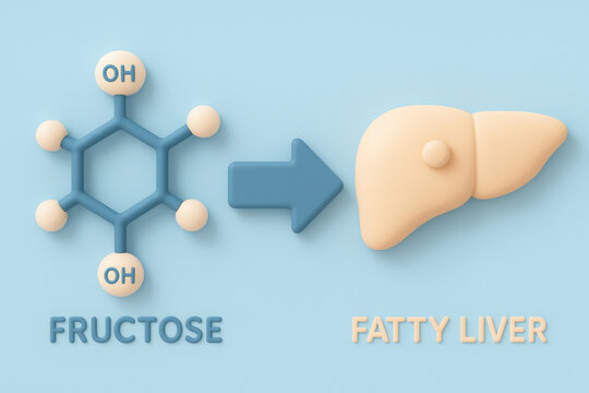 Healthcare concept illustration showing unhealthy transformation of fructose molecule into fatty liver symbol, connected by bold arrow for clear visual