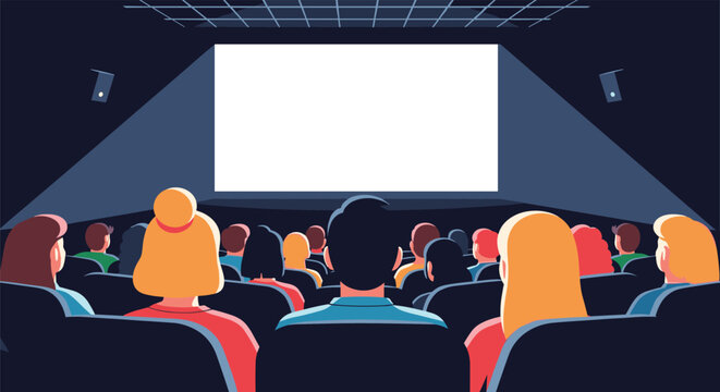 Audience members watch a blank white cinema screen from their seats inside a dark movie theater auditorium.