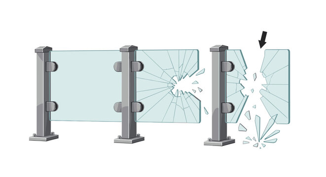 Illustration showing a sequence of a glass balcony railing panel cracking and eventually shattering after an impact.