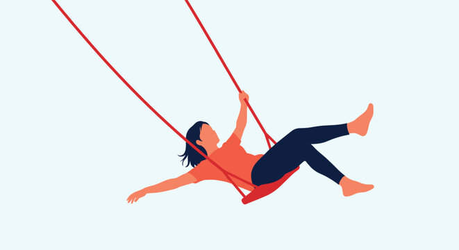 Silhouette of a girl swinging high on a swing set against a clear and bright pale blue sky.