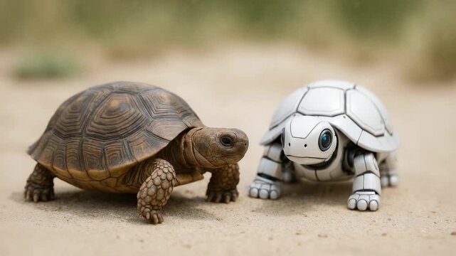 Brown live turtle and white robotic face each other on sandy ground outdoors