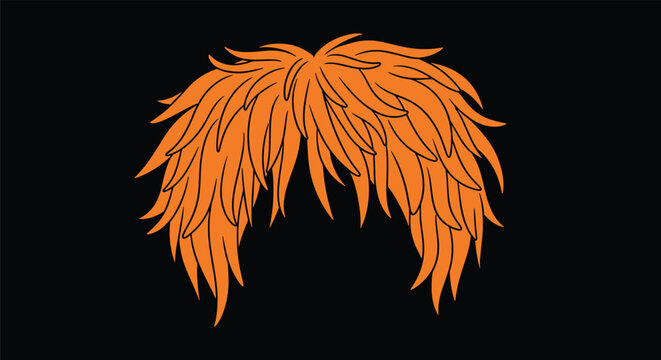 Vibrant orange shaggy wig with a wild hairstyle stands out prominently against a solid black background for effect.