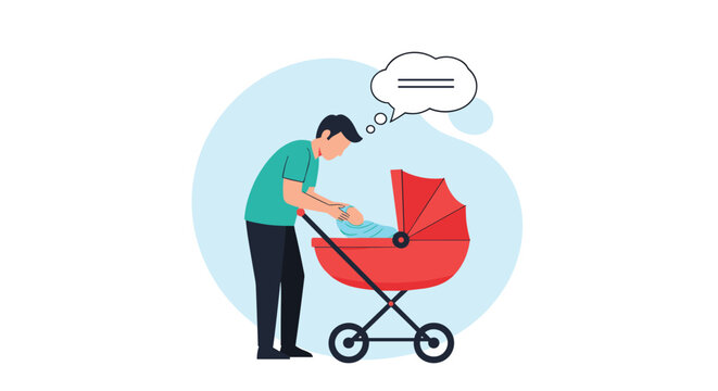 Caring father leans over a stylish red baby stroller to check on his sleeping infant during a walk in the park.