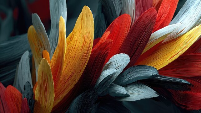 Abstract expressionist 3D paint strokes in vibrant red, yellow, and black on dark background