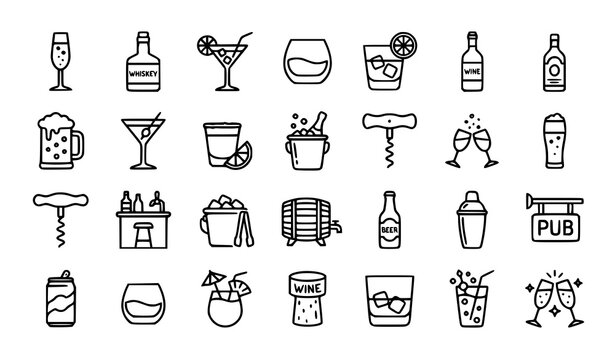 Alcohol Beverage Line Icon Set With Champagne Whiskey Cocktail And Bar Symbols