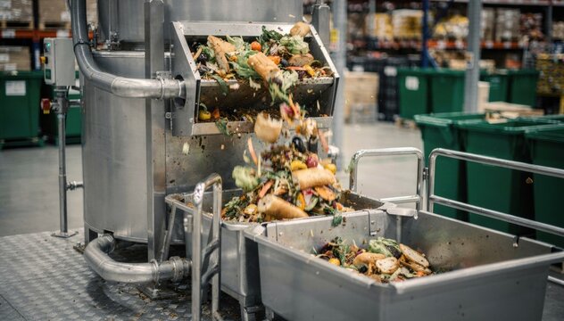 Medium shot of supermarket organic waste being emptied into a biogas digester feed system with blurred background emphasizing sustainable energy recovery process