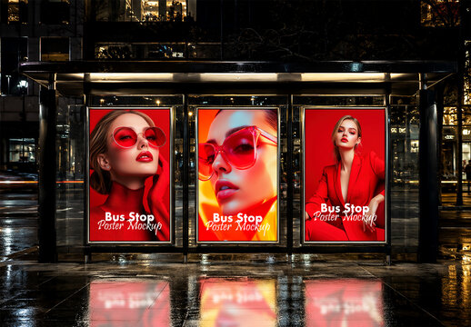 Night Bus Stop Poster Mockup Featuring Luxury Fashion Advertising Campaign