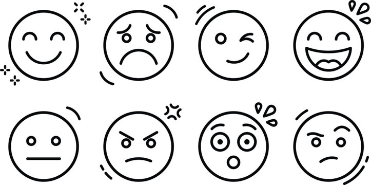 Emoji emoticon icon set with happy sad angry surprised laughing neutral winking and confused linear line face characters