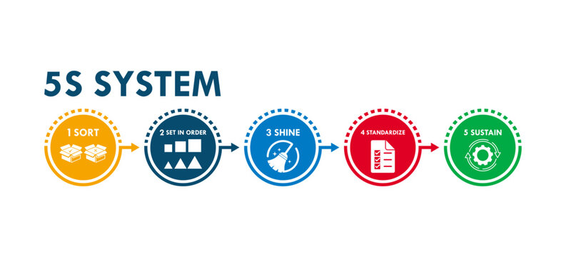 Five S system methodology business infographic template with sort set in order shine standardize and sustain steps diagram workflow