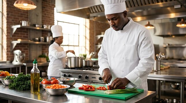 Black male chef cutting ingredients for a meal while female colleague stirs a pot on the stove in a professional culinary environment