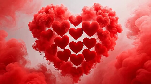 Red heart bubbles on white and red smoke