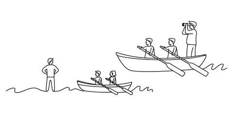 People in boats rowing on water with a person standing and watching © TuniRani