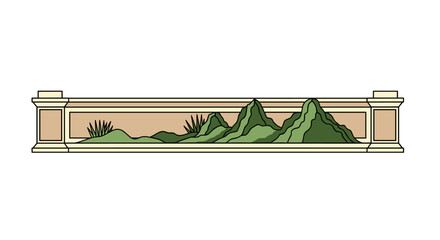 Landscape mural with stylized mountains and plants in rectangular frame on white background. © Emongrapic