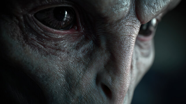 Humanoid Alien Face Close-Up Reveals Non Human Features and Textures