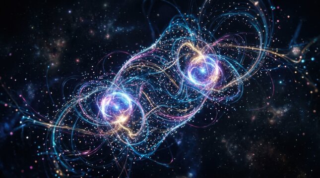 Scientific visualization of quantum entanglement featuring two glowing interconnected atomic spheres with swirling energy trails and luminous particles in deep space background