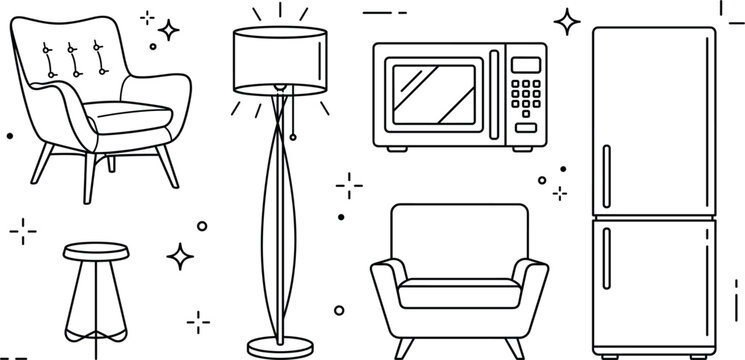Home furniture and appliance icon set with armchair floor lamp microwave refrigerator stool and comfortable living room vectors
