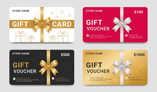 Vector set of luxury gift vouchers with ribbons and gift box. Design for invitation, certificate, gift coupon, ticket, shopping voucher, birthday gift