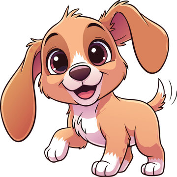 Playful cartoon puppy dog with long floppy ears wagging tail happy expression white background digital art character design illustration childish adorable character stylized portrait