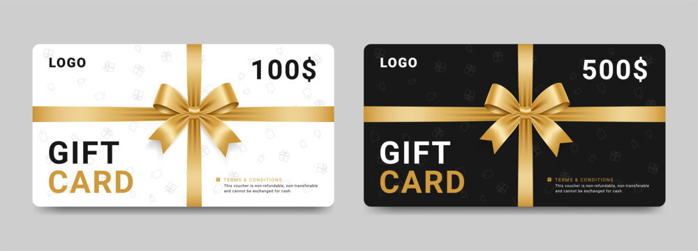 Luxury gift card template. Golden ribbon bow premium voucher design, White and black shopping gift cards with with Golden ribbon bow
