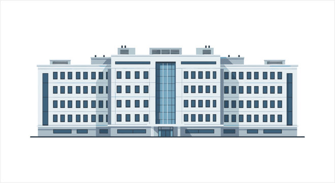 Modern White Building Facade with Blue Glass Windows.