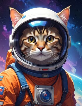 Astronaut cat in space suit exploring galaxy.