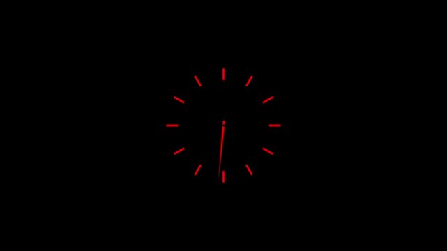Minimalist red analog clock face animation on black background, time passing concept watch countdown