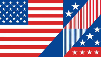 Obraz premium A split image showing a traditional American flag on the left and a deconstructed, abstract geometric pattern of flag elements on the right.