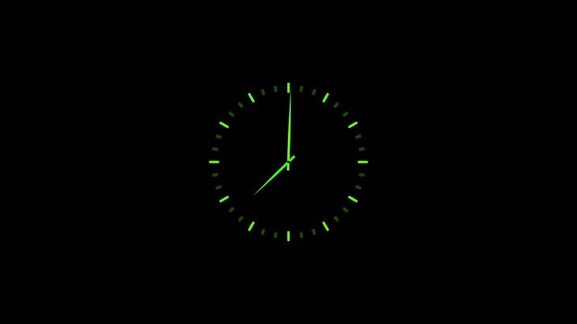 Minimalist green neon analog clock face moving fast on black background, time watch