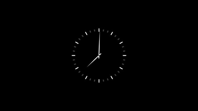 Minimalist analog clock face animation with rotating hands on black background, for time management concepts