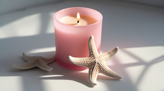 Pink candle with lit wick and lavender sprigs on white surface in soft daylight