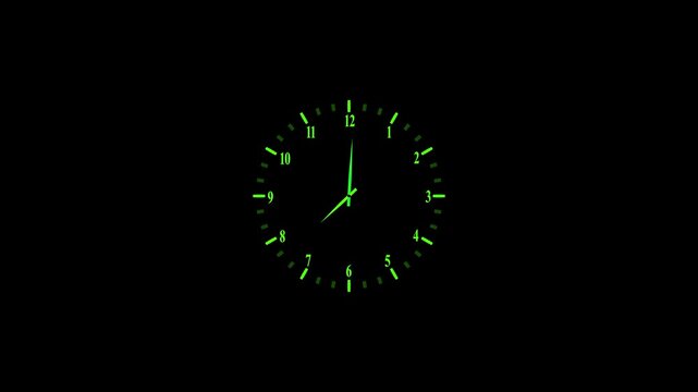 Neon green analog clock face with moving hands on black background, minimalist time concept watch
