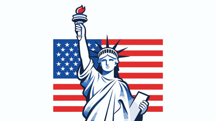 Graphic illustration of the Statue of Liberty holding a torch, set against the backdrop of the American flag, symbolizing freedom and patriotism. © Bibit